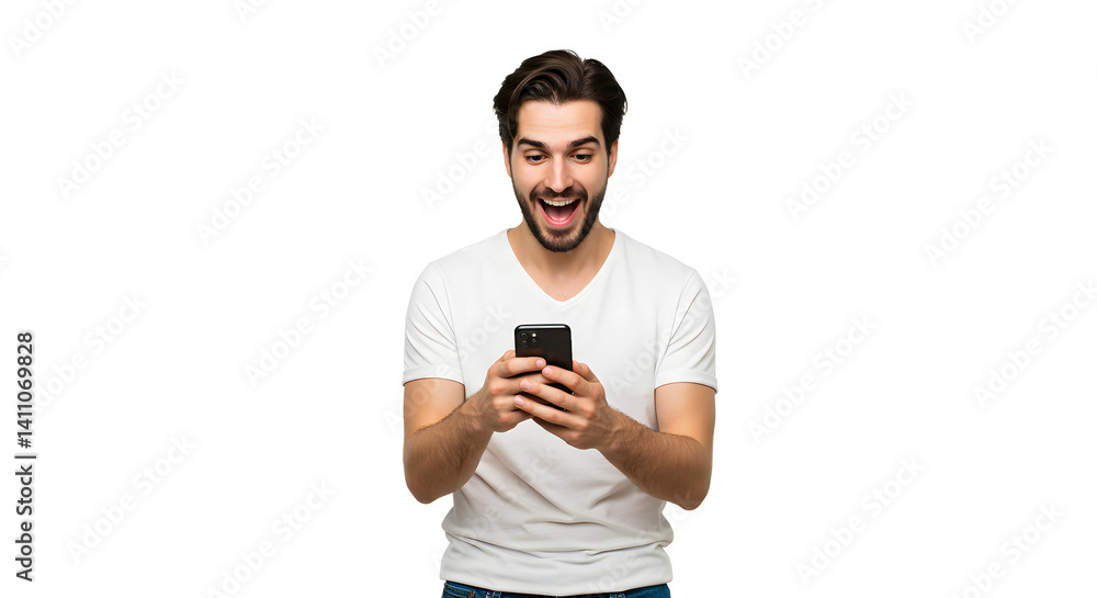 Happy and Content Man Looking at His Cell Phone Happy and Content Man Looking at His Cell Phone
