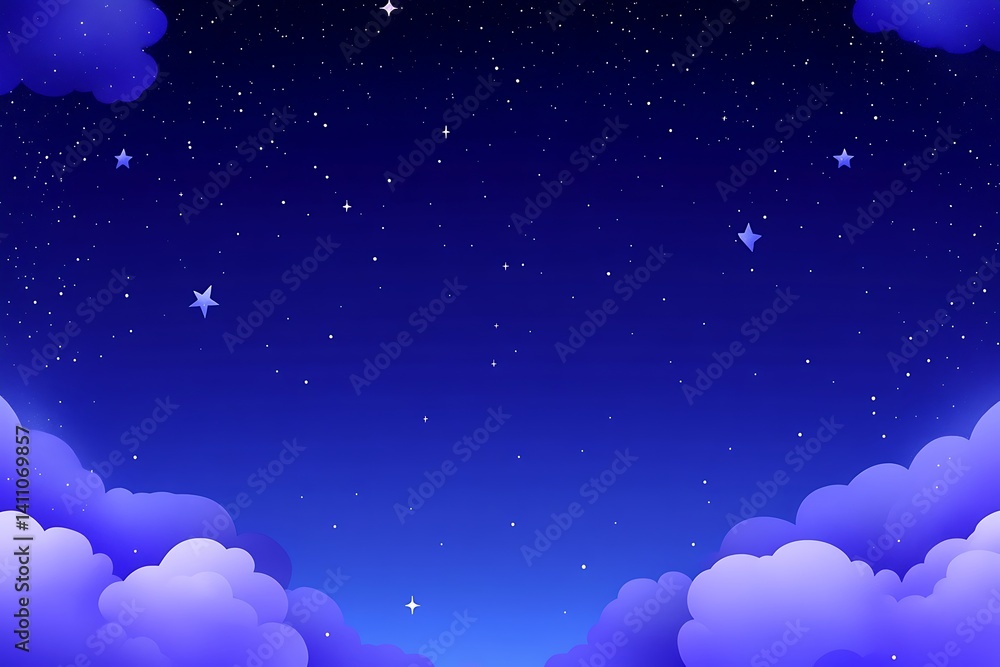 Serene starry night cartoon illustration with fluffy clouds background Serene starry night cartoon illustration with fluffy clouds background