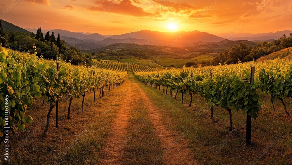 Naklejka premium Sunset over vineyard rows