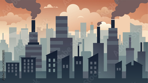Buildings disappeared into the smoggy skyline as if being swallowed by the citys own harmful emissions.. Vector illustration