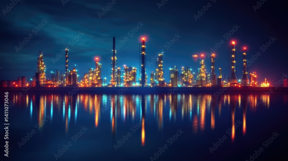 A vibrant industrial skyline at night. showcasing illuminated towers and reflections on water. capturing the essence of urban development and energy production A vibrant industrial skyline at night. showcasing illuminated towers and reflections on water. capturing the essence of urban development and energy production