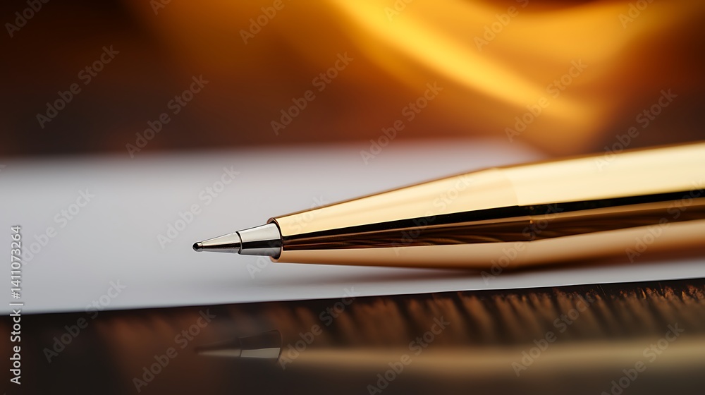 Fototapeta premium Close-up of a sleek golden pen resting on a blank sheet of paper with a warm, blurred background