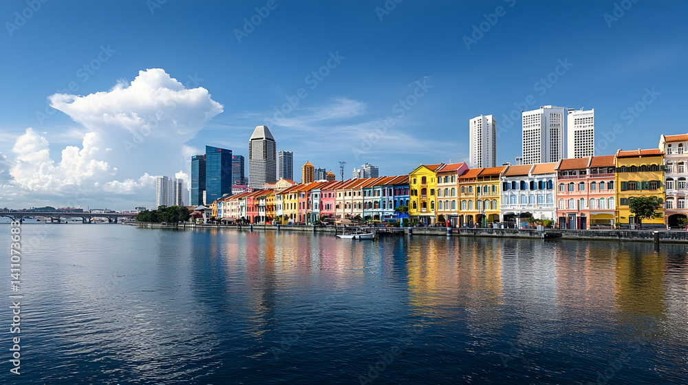 Fototapeta premium Colorful Waterfront Cityscape Panorama in Singapore