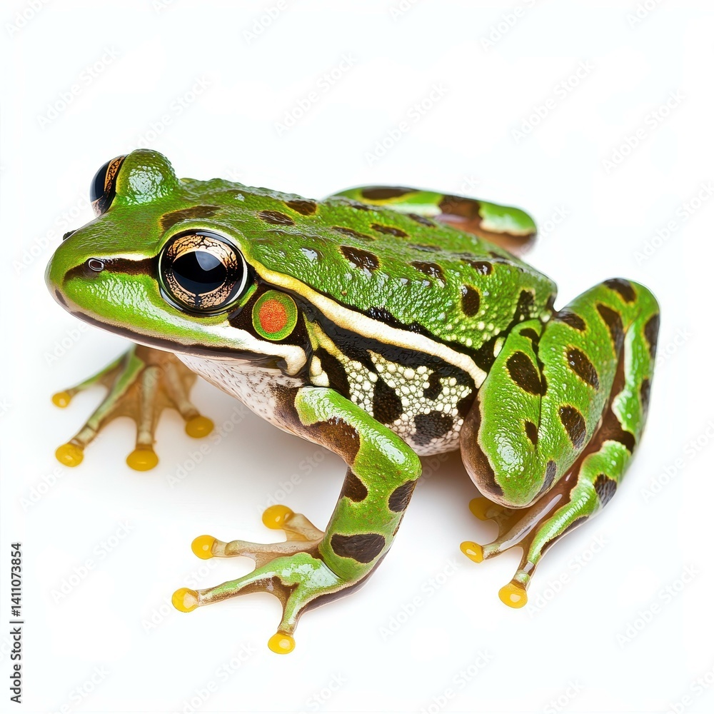 Obraz premium A vibrant leopard frog sits gracefully on a clean white background, showcasing its distinct spotted pattern.
