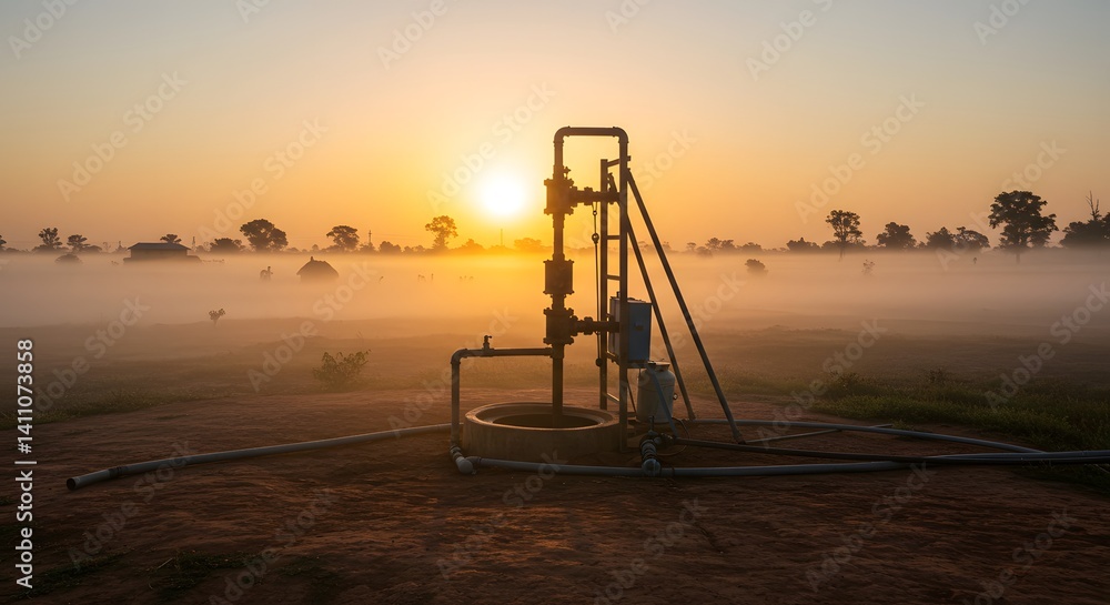 Rustic Water Well at Sunrise in a Misty Rural Landscape