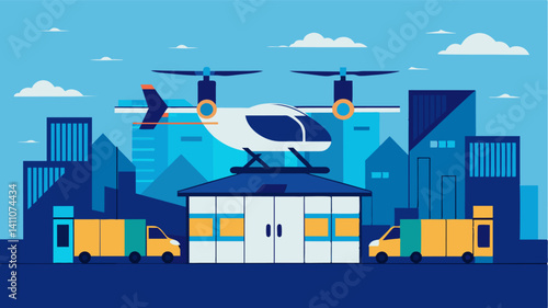 An eVTOL hovering over a hightech warehouse delivering goods with lightning speed.. Vector illustration