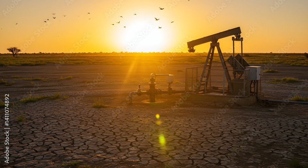 Fototapeta premium Oil pump jack at sunset over cracked earth