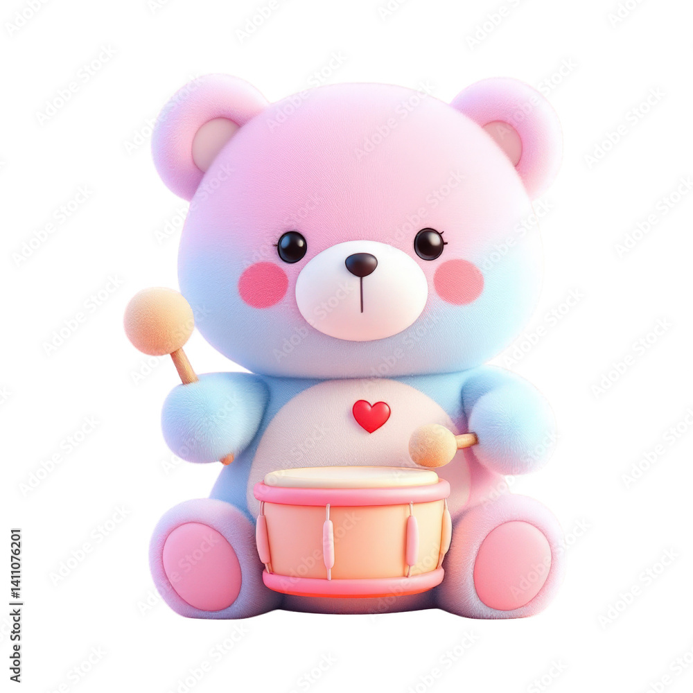 Obraz premium Adorable pastel teddy bear playing drum isolated against a pure white backdrop