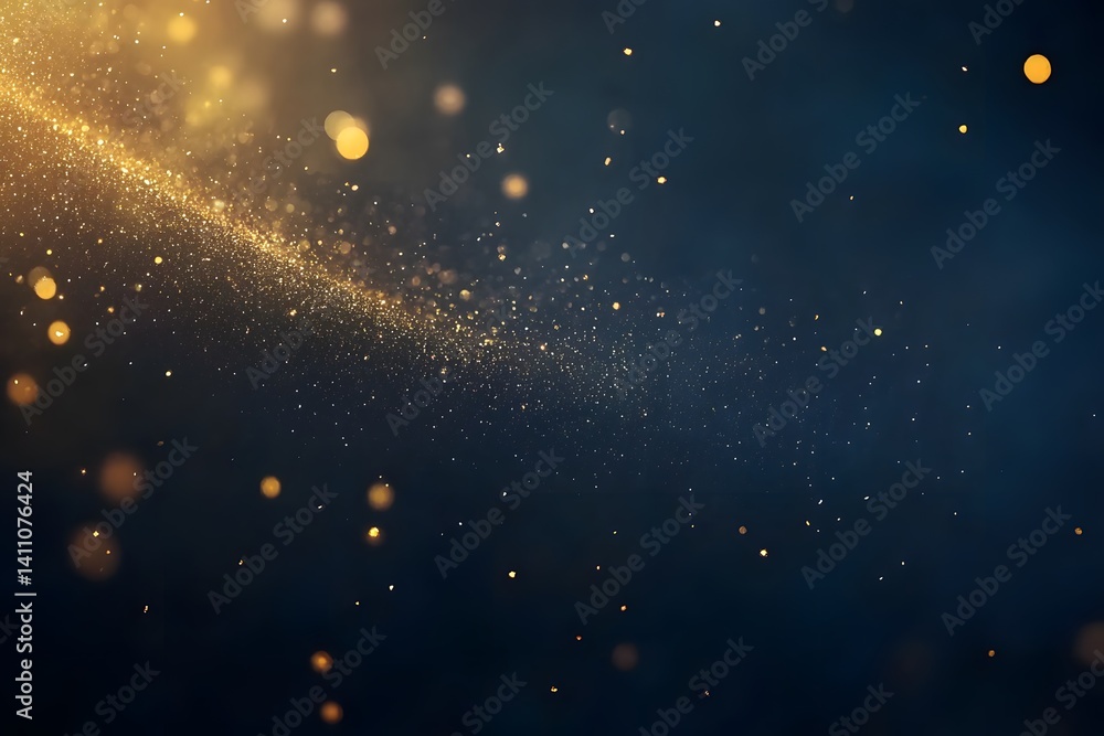 Fototapeta premium Abstract Golden Dust Particles Floating Dark Blue Background