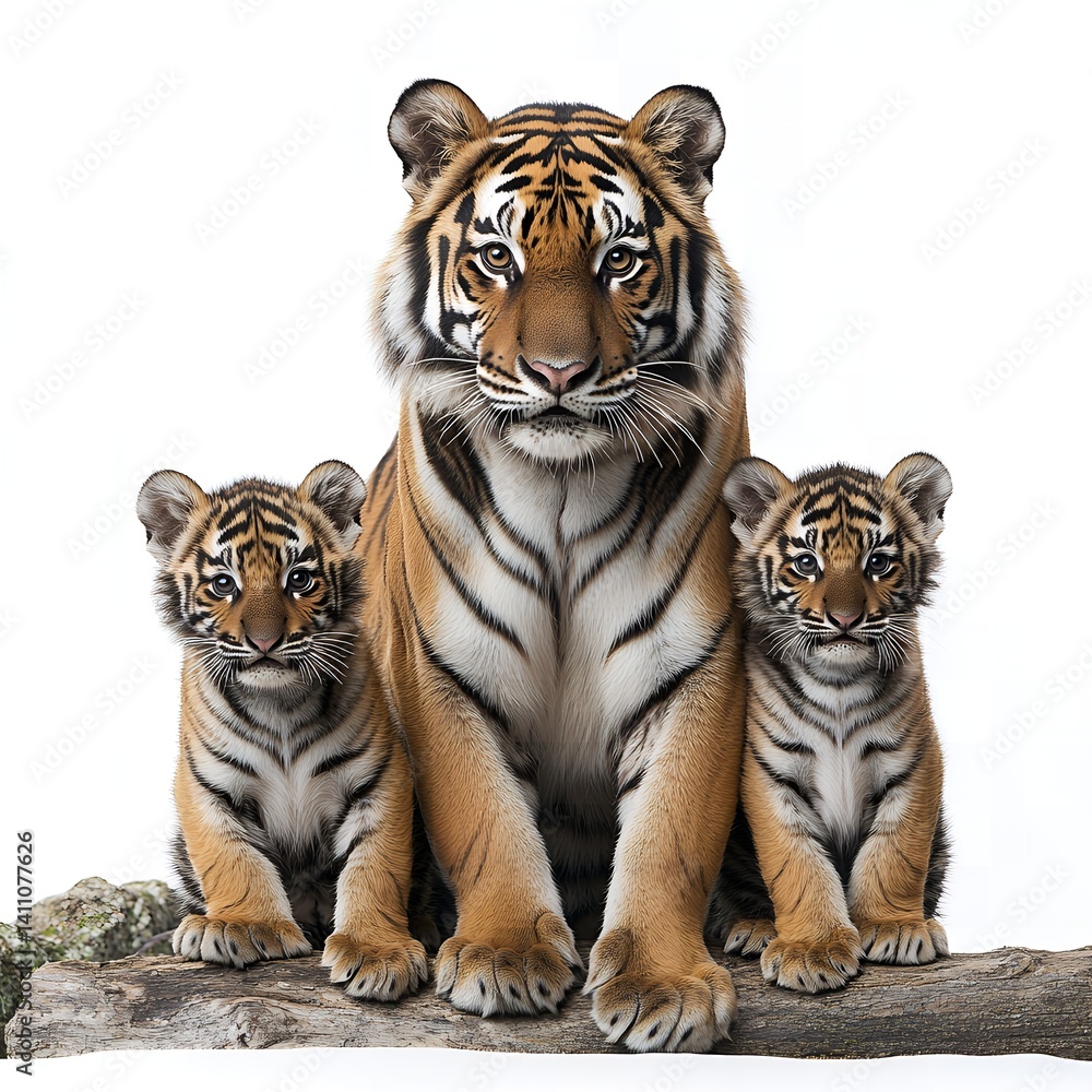 Obraz premium Majestic Tiger Mother with Two Adorable Cubs Posing on a Log Against a White Background