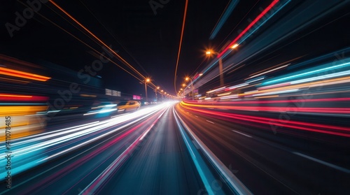 Dynamic night traffic light trails on a bustling urban road.