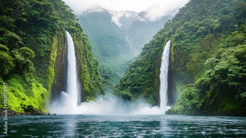 Two dramatic waterfalls cascade amidst lush green mountain forest