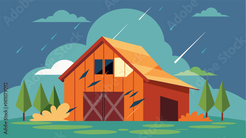The barns broken roof acts as a sieve allowing rain and sunlight to filter through a poignant metaphor for the uncertain future of rural farming.. Vector illustration