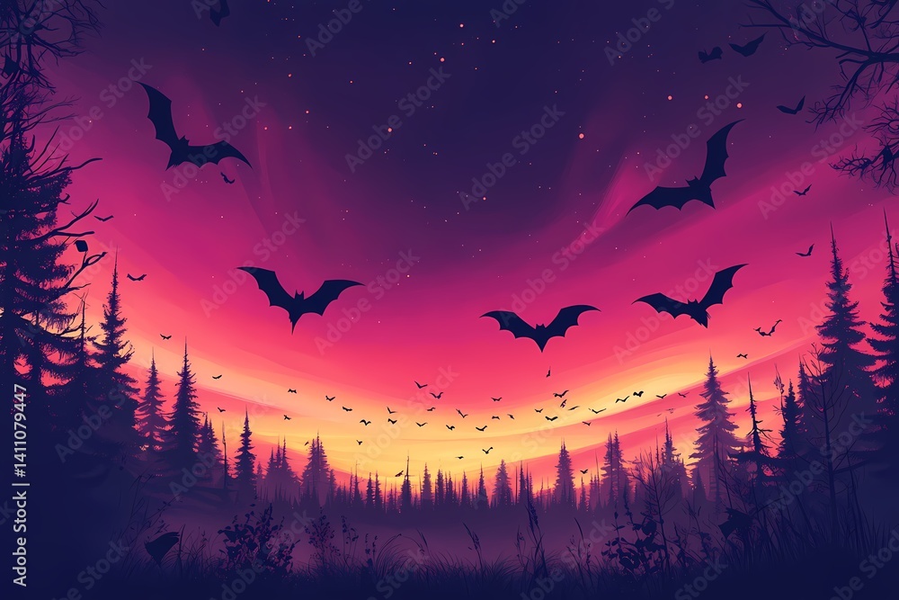 Bats in Flight Against a Vibrant Sunset Sky. A Mystical Forest Landscape Bats in Flight Against a Vibrant Sunset Sky. A Mystical Forest Landscape