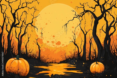 Spooky Halloween Night with Pumpkins and Harvest Moon. Creepy Festive Artwork