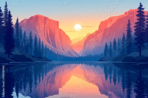 Breathtaking Nature Landscape at Sunset. Vibrant Mountain Reflections Over Tranquil Lake and Forest Horizons