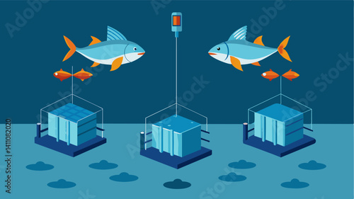 Smart fish pens with automated gates that open and close based on predetermined feeding schedules keeping the fish contained and protected from predators.. Vector illustration