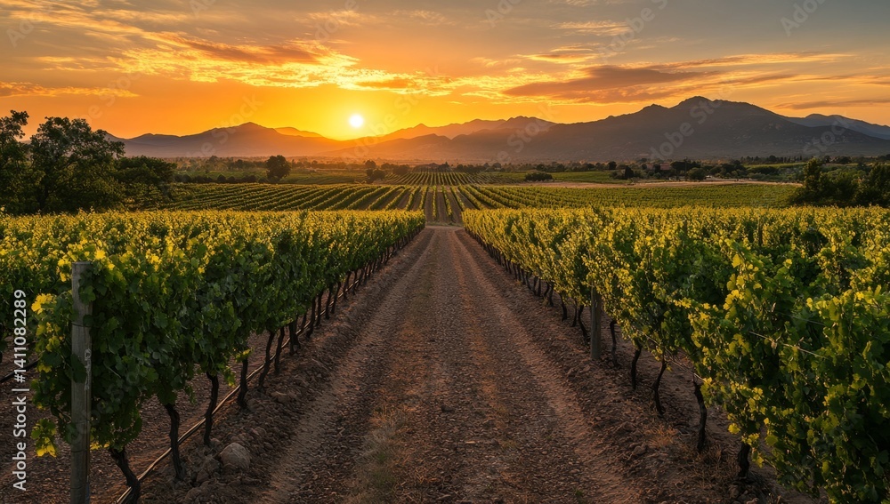 Naklejka premium Vineyard at sunset. Golden hour over rows of grapevines
