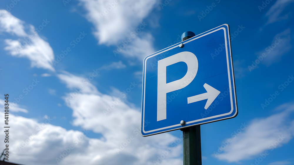 Blue Parking Sign with Arrow Pointing Right Under a Bright Cloudy Sky Blue Parking Sign with Arrow Pointing Right Under a Bright Cloudy Sky