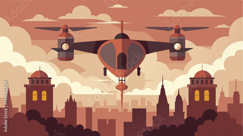 Cloaked in a canopy of lowhanging clouds an eVTOL hovers above a city steeped in centuries of tradition and heritage.. Vector illustration