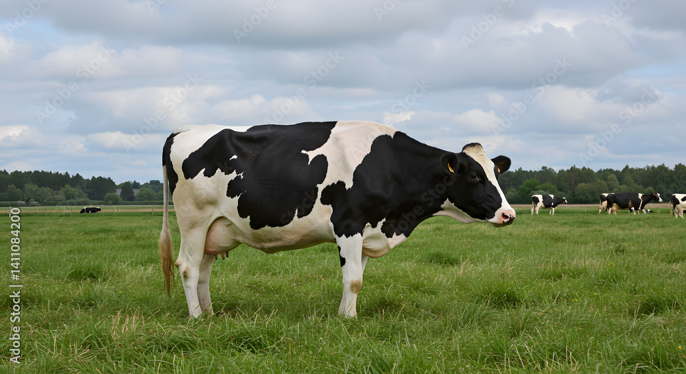 Cow Grazing in Green Pasture Under Cloudy Sky Cow Grazing in Green Pasture Under Cloudy Sky