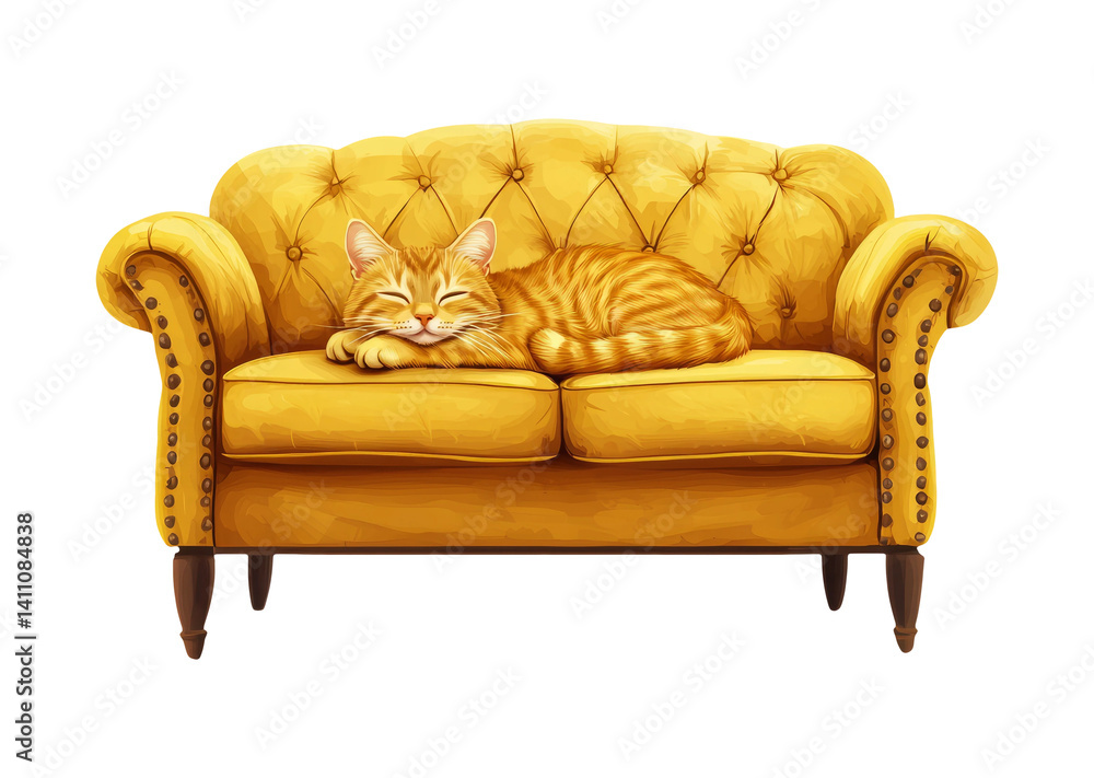 Cozy Cat Relaxing on a Bright Yellow Couch with Luxurious Design Cozy Cat Relaxing on a Bright Yellow Couch with Luxurious Design