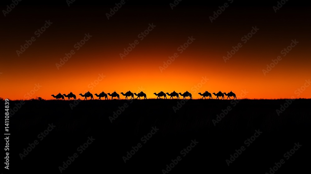 Silhouetted camels journeying through the Thar Desert under a glowing evening sky Silhouetted camels journeying through the Thar Desert under a glowing evening sky