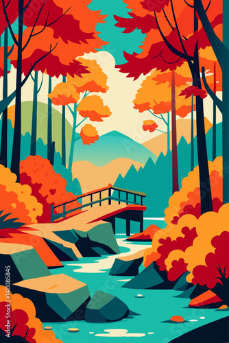 Vibrant colorful waterfall scene vector illustration background for print and digital use