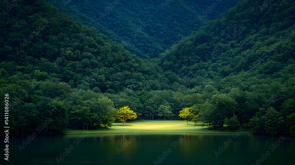 Fototapeta premium Lush Forest Meets Calm Lake, Sunlit Clearing