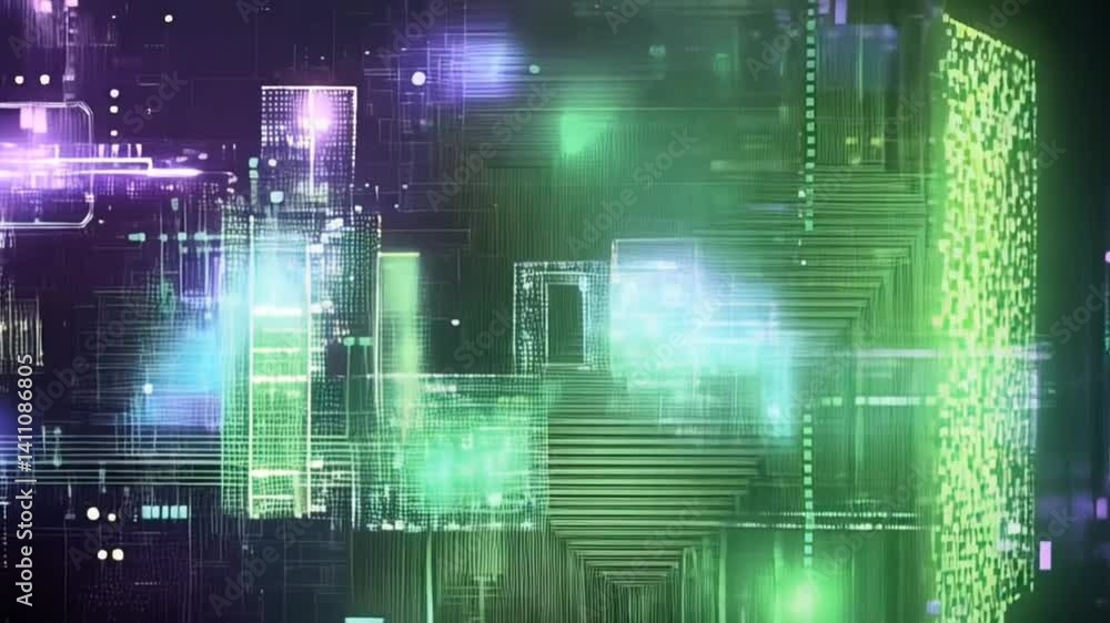 Glowing green digital blocks and light pulses forming futuristic data stream and matrix grid, seamless looping 4k time-lapse animation video background. Technology concept Glowing green digital blocks and light pulses forming futuristic data stream and matrix grid, seamless looping 4k time-lapse animation video background. Technology concept