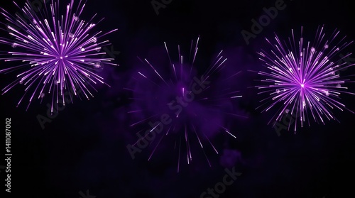 Vibrant purple fireworks burst against night sky.