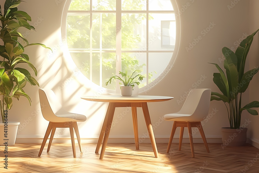 Fototapeta premium Modern Scandinavian Home Decor. Bright and Cozy Interior Design with Natural Light, Stylish Furniture and Greenery