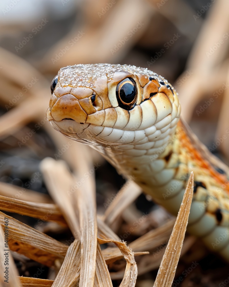 Obraz premium A snake with striking patterns peeks through dry grass, glistening with morning dew, showcasing the beauty of wildlife in a tranquil rural landscape under the sun.