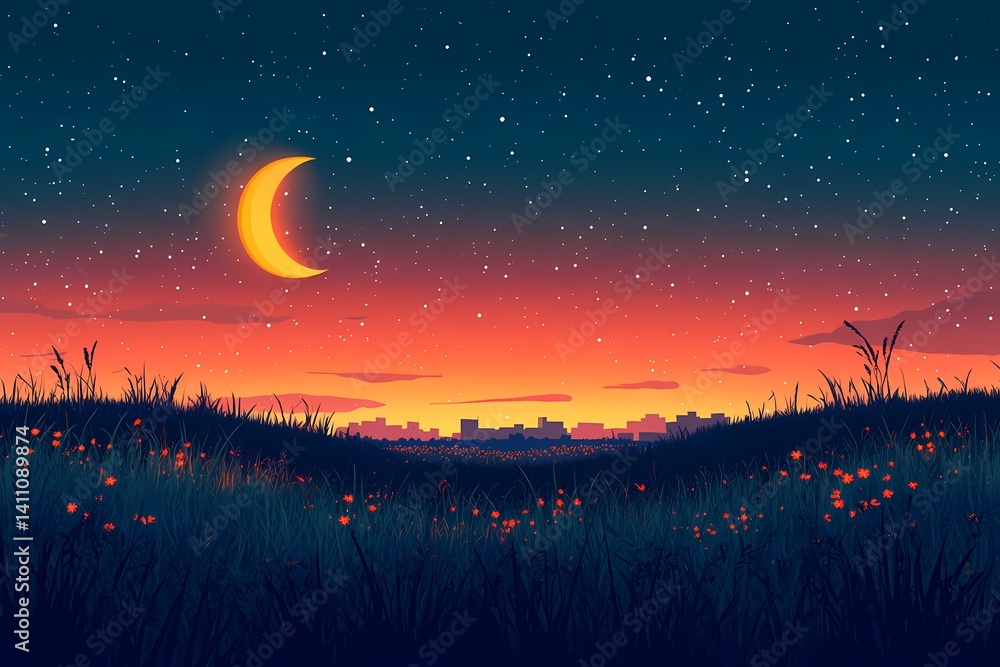 Fototapeta premium Dreamy Moonlit Landscape Illustration. Vibrant Night Sky and Crescent Moon in Tranquil Rural Field