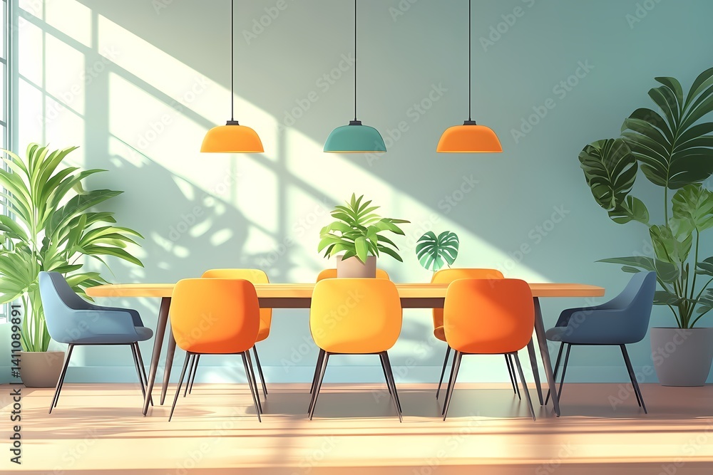 Fototapeta premium Modern Dining Room with Bright Colors and Contemporary Design. A Scandinavian Style Space