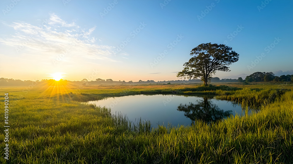 Fototapeta premium Sunrise over Misty Meadow with Pond and Tree