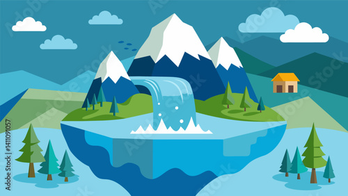 A simulation of melting glaciers and their effects on fresh water supply highlighting the vulnerability of these natural resources in the face of climate change.. Vector illustration