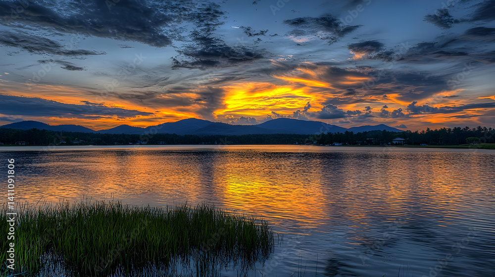 Fototapeta premium Golden Sunset Over Lake Reflecting Mountains