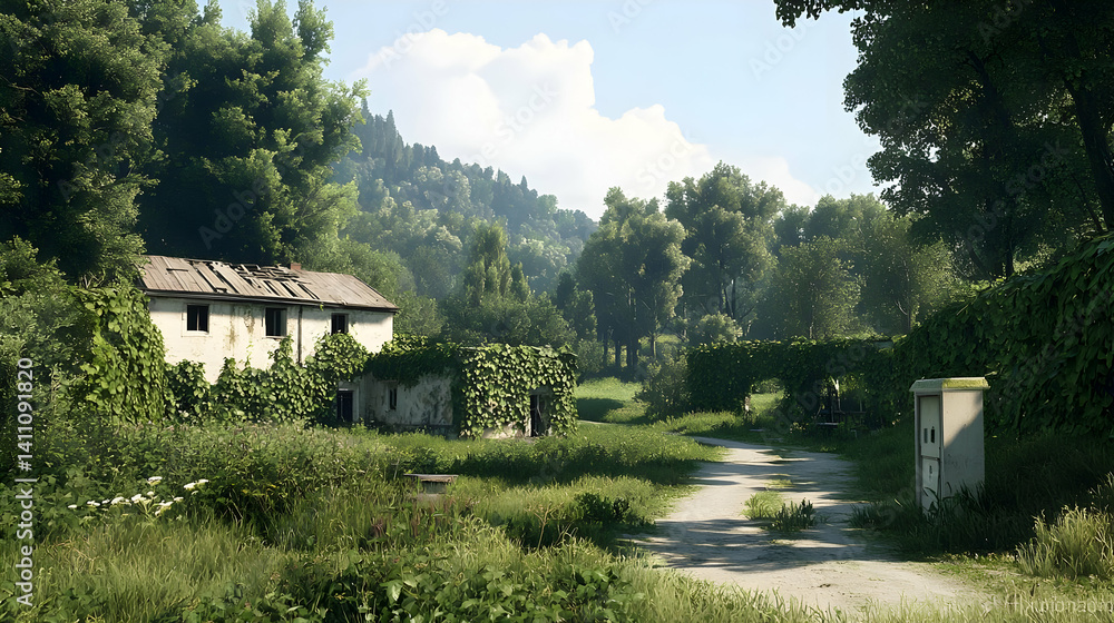Fototapeta premium Abandoned Countryside Path Through Lush Forest