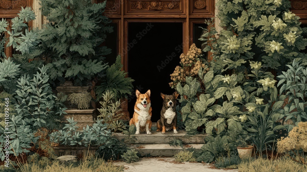 Obraz premium Two corgis sit patiently before a stately, dark doorway.