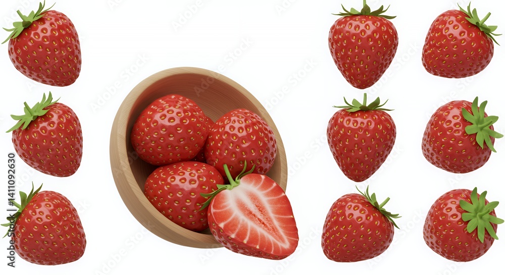 Isometric 3D Rendering of Red Strawberries in Wooden Bowl on White Background