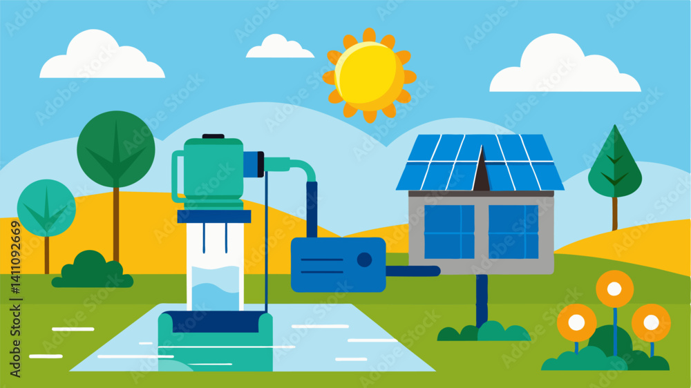 Efficient water pumps and aerators powered by solar energy reducing the farms reliance on electricity for irrigation and pond management.. Vector illustration Efficient water pumps and aerators powered by solar energy reducing the farms reliance on electricity for irrigation and pond management.. Vector illustration