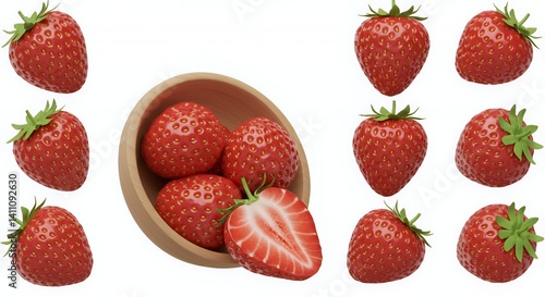 Obraz na płótnie Isometric 3D Rendering of Red Strawberries in Wooden Bowl on White Background w salonie