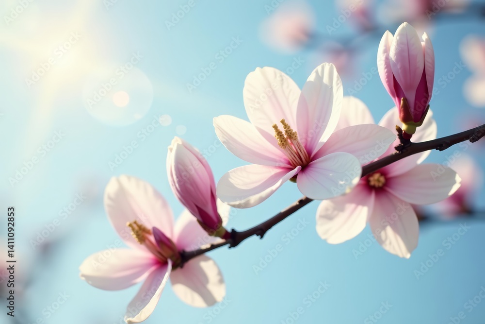 Fototapeta premium Close-up view of delicate magnolia blossoms on tree branch against soft spring sky, nature, outdoors