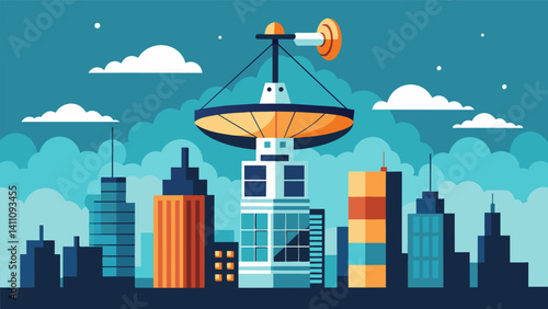 Suspended high above the city an advanced communication satellite serves as the backbone for the citys highspeed network enabling seamless internet connectivity for all residents.. Vector illustration
