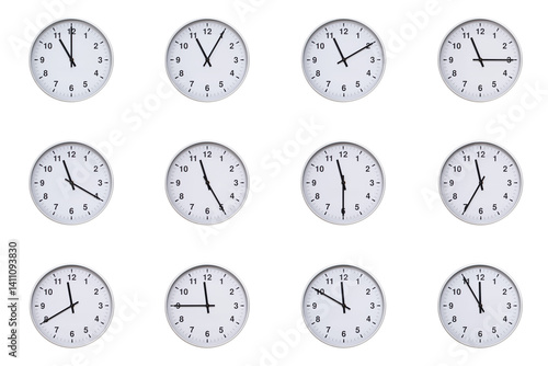 Set of wall clocks with silver frames and clean white faces, each displaying time at 5 minute intervals from 11:00 to 11:55 or 23:00 to 23:55. Ideal for visualizing concepts like time tracking, routin