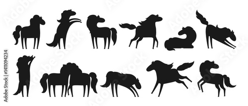 Horses in different poses cartoon silhouette set. Shape stylized collection of funny childish pony or mustang. Comic purebred wild stallion. Isolated vector illustration farm character animals art