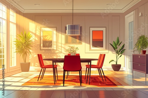 Modern Dining Room Interior Design with Bright Colors and Potted Plants. A Stylish and Cozy Home Decor