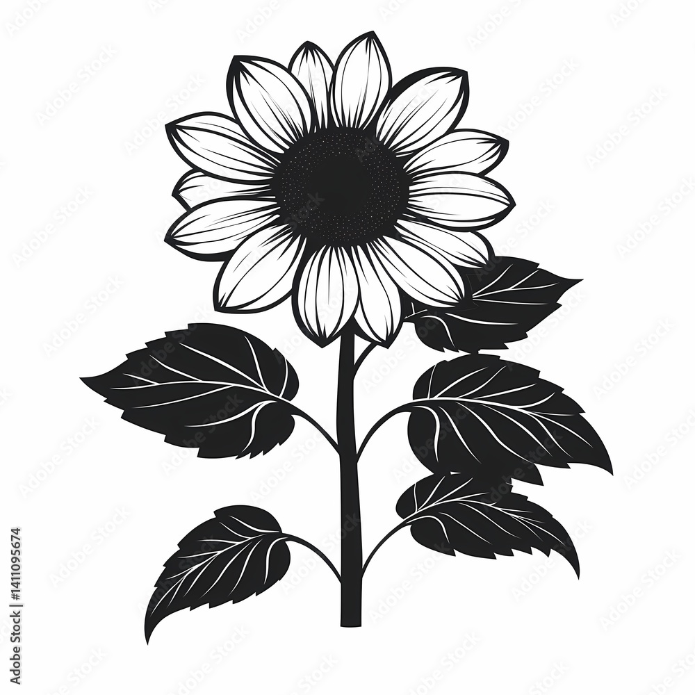 Fototapeta premium Elegant Black and White Sunflower Illustration - Botanical Art for Nature-Inspired Decor