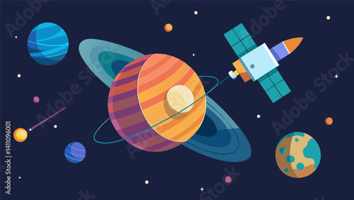 A satellite orbiting a distant planet its sensors gathering vast amounts of data to be used for future missions and studies.. Vector illustration